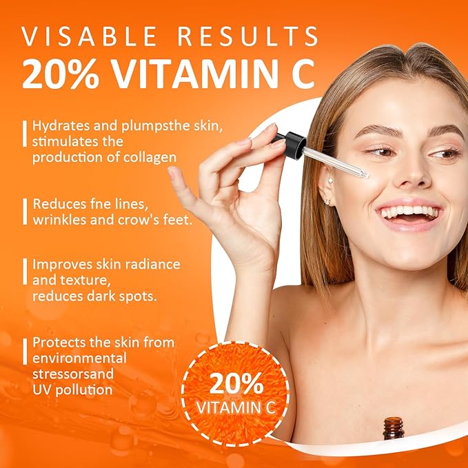 Vitamin C Facial Serum 20%, Anti-Aging Vitamin C Serum with Hyaluronic Acid and Vitamin E, Suitable for Lightening Pigmentation and Effectively Reducing Fine Lines and Wrinkles Serum 60ml,2.03Fl.Oz