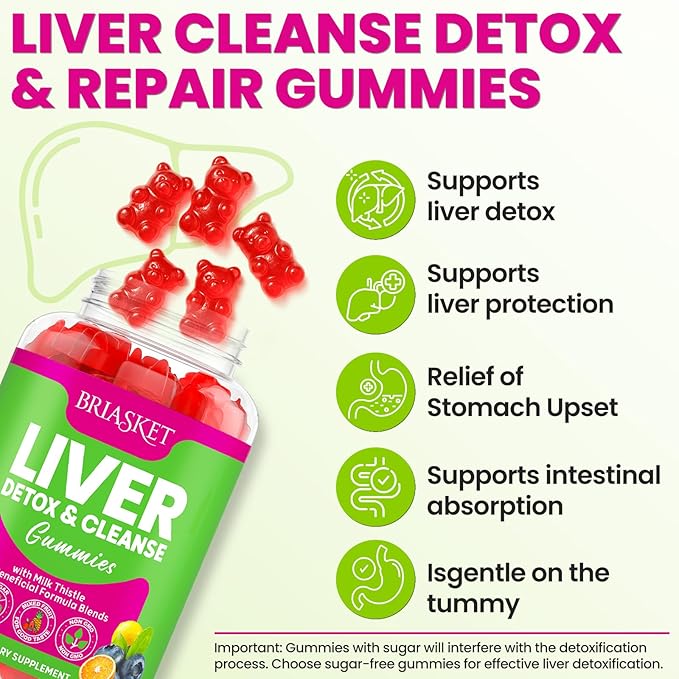 Liver Cleanse Detox & Repair Gummies, 2000 mg Milk Thistle Supplement with Dandelion Root, Glutathione & Artichoke, 23-in-1 Herbal Formula for Liver Detox & Health, Sugar-Free, Vegan, 60 Gummies
