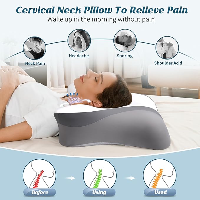 Cervical Neck Pillow - Cooling Pillow for Neck Pain Relief, Ergonomic Side Sleeper Pillow for Sleeping, Contour Memory Foam Pillows for Neck Support, Orthopedic Bed Pillow for Back Sleepers (White)