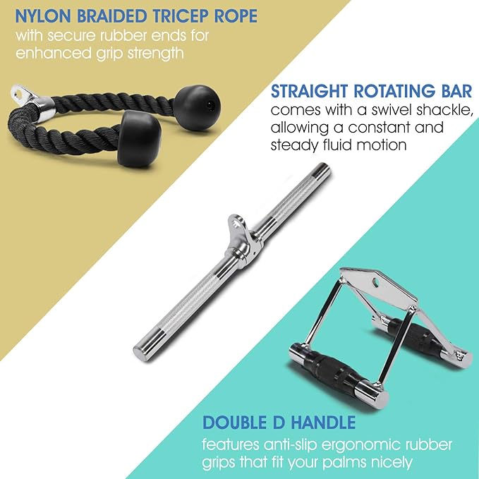 Yes4All Cable Machine Attachment, Double D Hanlde & Tricep Rope Cable Attachment, Weight Machine Accessories Load 880 LB for Home Gym