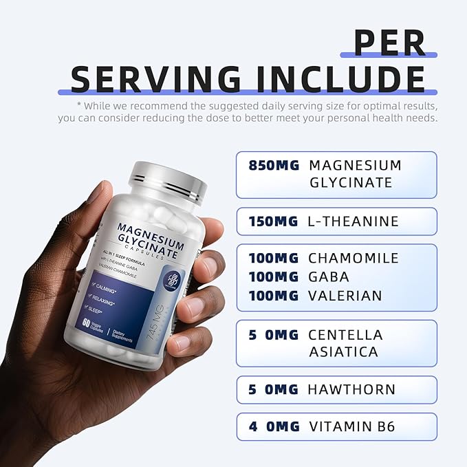 Magnesium Glycinate 850mg Capsules with L-Theanine, Chamomile & GABA for Sleep, Calmness, Muscle, Bone Health & Immune Support, Magnesium for Women and Men, Vegan, High-Absorption, 60 Count