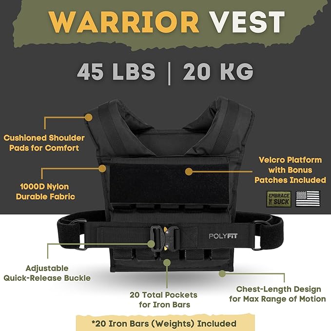 Polyfit (Warrior) Adjustable Weighted Vest - 25lb | 35lb | 45lb - Weight Vest with Adjustable Iron Weights for Men and Women for Workouts, Strength Training, Rucking