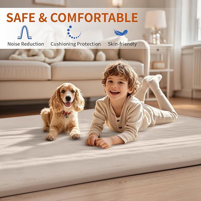 ACOMOPACK Baby Play Mat for Floor,1.3" Thick Memory Foam Area Rug for Living Room,Soft Velvet Crawling with Non-Slip Bottom for Kid,Toddler,71"×79" Tummy Time Nursery Rugs,Yoga(Beige)