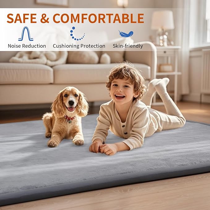 ACOMOPACK Baby Play Mat for Floor,1.3" Thick Memory Foam Area Rug for Living Room,Soft Velvet Crawling with Non-Slip Bottom for Kid,Toddler,79"×157" Tummy Time Nursery Rugs,Yoga(Dark Grey)