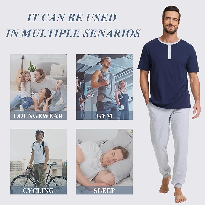 Men's Pajama Set with Henley Neckline 100% Cotton Soft and Comfortable Nightwear 2-Piece Lounge Set