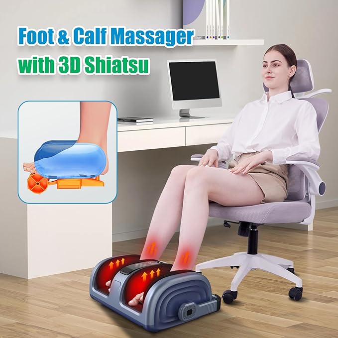 Shiatsu Foot & Calf Massager with Compression & Heating, Deep Tissue Kneading Improves Circulation, Helps Plantar Fasciitis, Massage Foot, Calf, Arms, Gift for Woman and Man, Fit Up to Feet Size 14