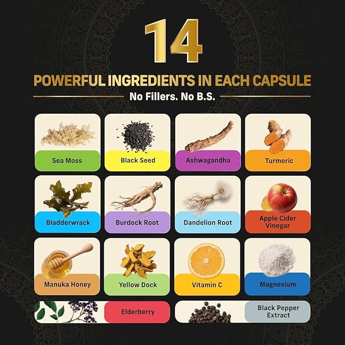 Alpha Tribe Multivitamin for Men w/Sea Moss, Black Seed Oil, Ashwagandha, Turmeric Bladderwrack, Burdock, Vitamin C, Elderberry, Manuka, | Daily Men's Vitamins & Minerals Supplement - 240 Count
