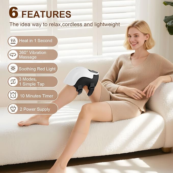 Knee Massager with Heat, Smart Knee Massager with 3 Vibration Modes and 3 Heating Levels, 3-in-1 Cordless Design, Touch LED Screen, Adjustable Straps, Gift for Men and Wome