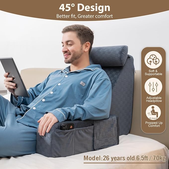 Vekkia Large Reading Pillow with Adjustable Arms & Headrest – Wide Backrest Cushion for Adults with Extra-Large Pockets for Reading, TV, Gaming & Work, Recovery on Bed & Floor, 21"(Grace Grey)