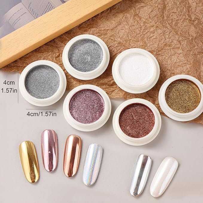 Chrome Nail Powder Set, 6 Colors Metallic Gold Silver Rose Pink White Mirror Nail Powder, Holographic Aurora Nail Glitter Pigment Nail Decoration