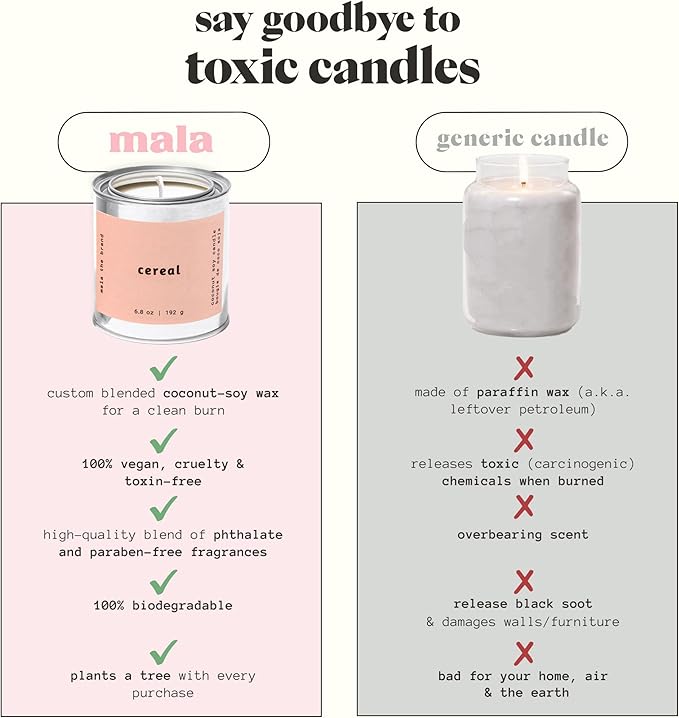 MALA Cereal Scented Soy Candle for Home – Vegan Coconut Wax – 45-Hour Clean Burn – Organic Non Toxic Candles – Gift for Women – Self Care & Room Decor – 6.8 oz (Classic Size)