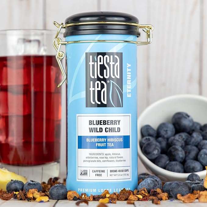 Tiesta Tea - Blueberry Wild Child, Loose Leaf, Blueberry Hibiscus Herbal Tea, Premium Non-Caffeinated Blend, Hot or Iced & Brews Up to 250 Cups, 16oz Bulk Pouch & 5.5oz Refillable Tin Combo