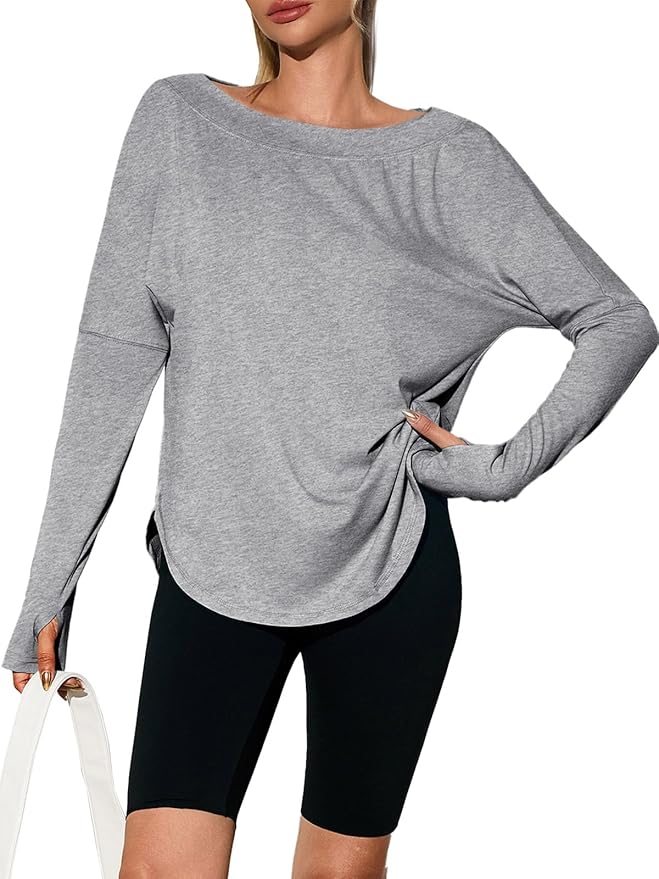 Tankaneo Womens Open Back Workout Shirts Casual Long Sleeve Boat Neck Tops Athletic Gym Yoga Tees with Thumb Holes