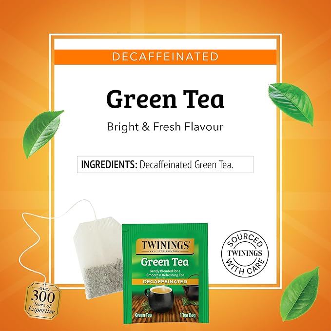 Twinings Decaffeinated Green Tea Individually Wrapped Bags, 20 Count (Pack of 1), Smooth Flavour, Enticing Aroma, Enjoy Hot or Iced, 20 Teabags