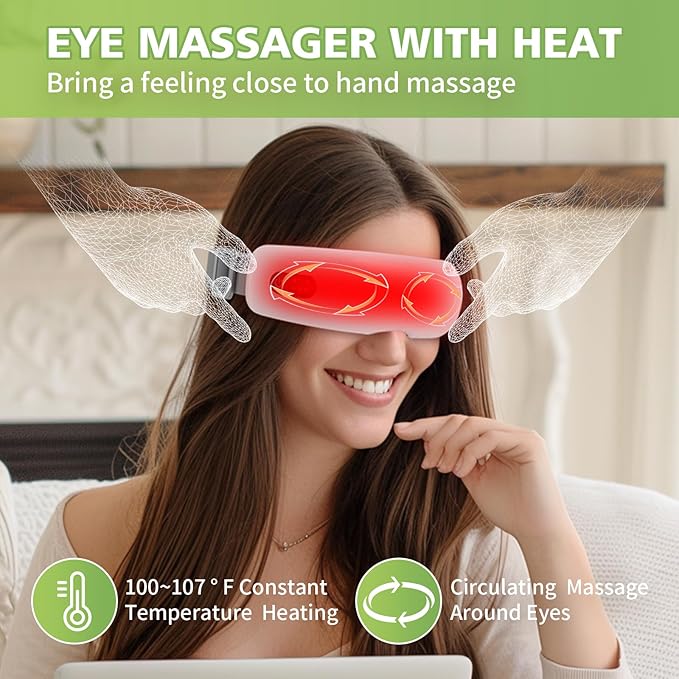 NOWWISH Eye Massager with Heat, Vibration and Bluetooth Music for Migraine Headache Eye Strain Relief, Cordless Heated Eye Mask with 4 Massage Modes, Relaxation -Birthday Gifts for Women Men -White
