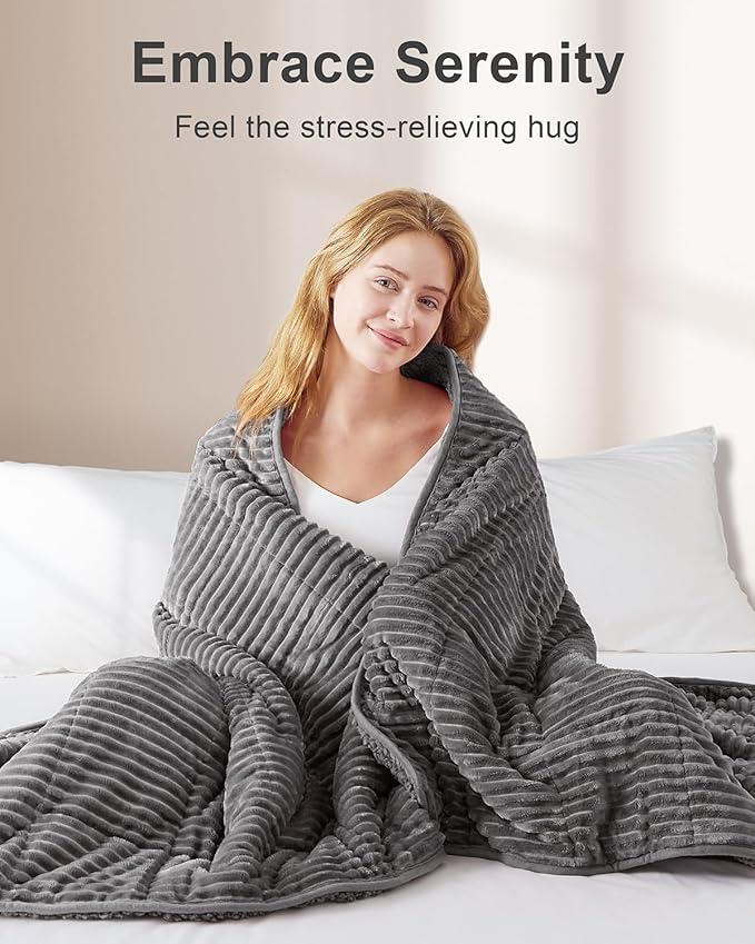 Sherpa Fleece Adult Weighted Blankets 20lbs with Ribbed Stripes, Dual Sided Fuzzy Warm Blanket for Couch Bed Sofa, Heavy Thick Blankets with Ceramic Beads Great for Sleep, Grey, 60" x 80"
