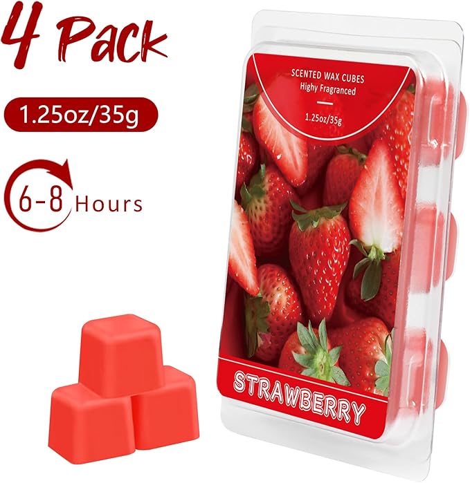 STRN Wax Melts Soy Wax Cubes 4 Pack Strawberry Scented, Long-Lasting Fragrance Scented Wax Cubes for Warmers Natural Soy Wax for Candle Wax Melts (4 x 1.25oz)