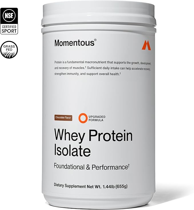 Momentous Essential Grass-Fed Whey Protein Powder - 20g Whey Isolate Protein - NSF Certified, Gluten-Free, 24 Servings for Essential Everyday Use, Chocolate (Package May Vary)