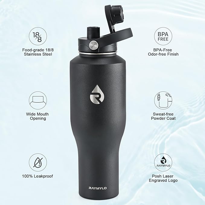 40 oz Insulated Water Bottle with Straw fit in Car Cup Holder, Triple Wall Vacuum Stainless Steel(Cold 48 hrs, Hot 24 hrs), Leakproof & Non-BPA, Hydro Travel Flask with Straw and Spout Lid