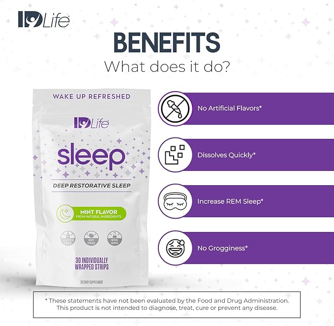 IDLife - Sleep Aid for Grown-Ups - Non-GMO - Non-Habit Forming - Gentle Blend with Melatonin, L-Theanine, and 5HTP - 30 Individually Wrapped Strips