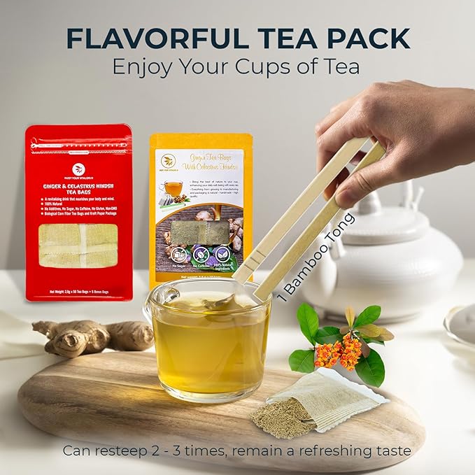 Pure Ginger Tea Samplers with Celastrus Hindsii - 10 Count, Mini Tea Bags, Bamboo Tong Included, Re-Steep Herbal Tea Blend, Corn Based Bags, No Sugar Added, Natural Ginger Tea