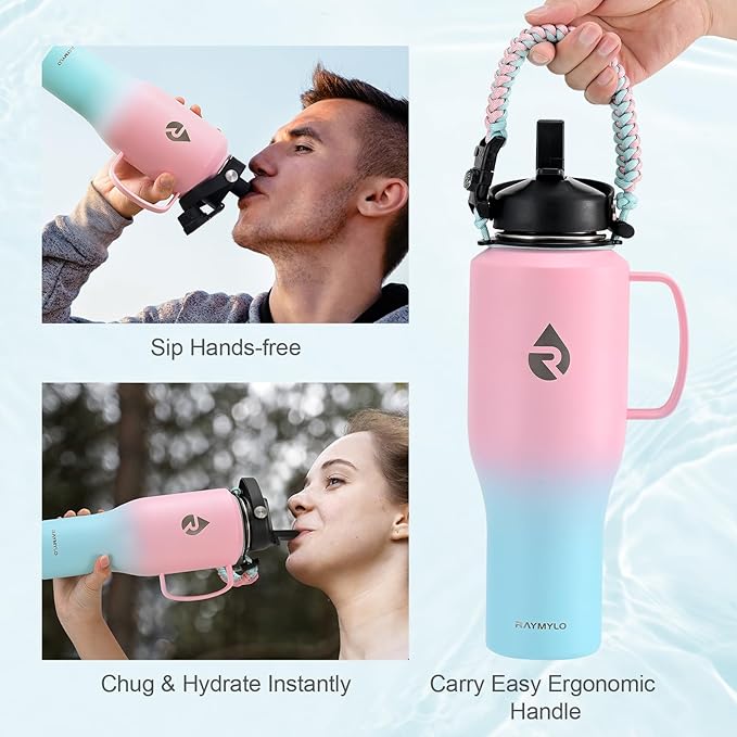 Insulated Water Bottle 40oz (Cold for 48 Hrs), Stainless Steel Water Bottle with Handle & Straw Lid & Paracord Handle, Triple Wall Vacuum Leakproof Travel Flask, Fit in Any Car Cup Holder