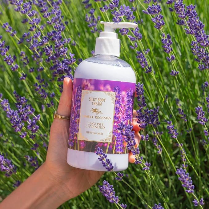 Camille Beckman English Lavender Scented Silky Body Cream, Daily Moisturizer for All Skin Types | Non-Greasy Vegan Formula to Nourish and Soften Hands and Body, 13 Ounce