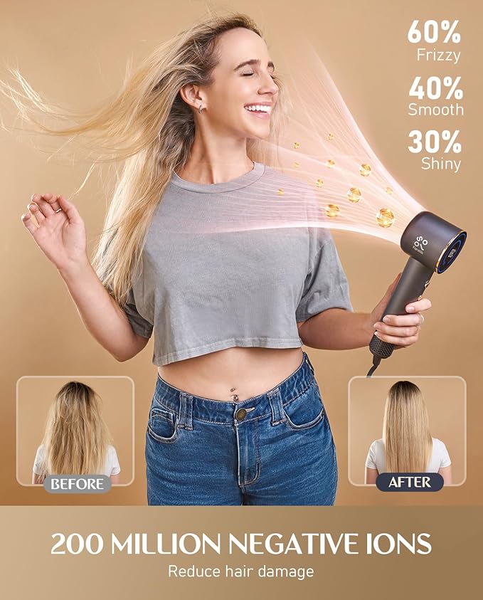 Fanttik Solo SonicDry H10 APEX 80% Faster Drying with 110,000 RPM Brushless Motor Hair Dryer, 56dB Low-Noise, 0.74lb Ultra-Light Blow Dryer, Ionic Tech for Travel, Home, Salon - Grey