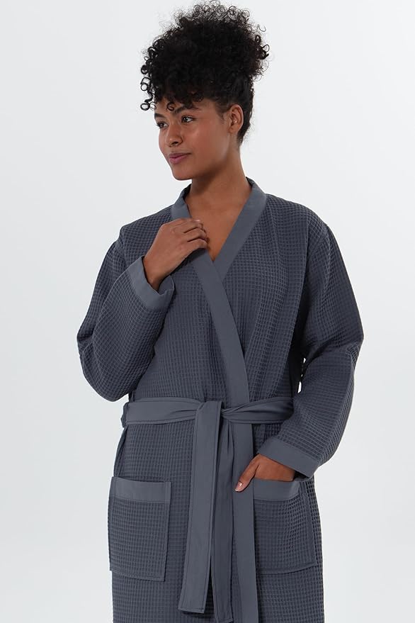 SEYANTE Women’s Luxury Waffle Shawl Collar, Hooded Robe w Piping – Lightweight, Long, Ultra Soft Spa Sleepwear Bathrobe