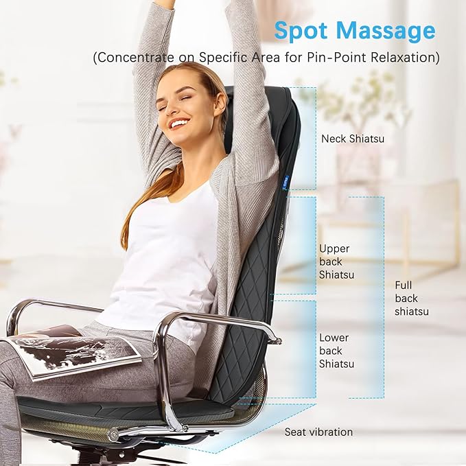 Shiatsu Neck & Back Massager with Heat, Massage Chair Pad Cushion for Stress Relief, Inflatable Flaps Back Support, Kneading or Rolling Chair Seat Massage,Ideal Gifts for Men,Women,Family