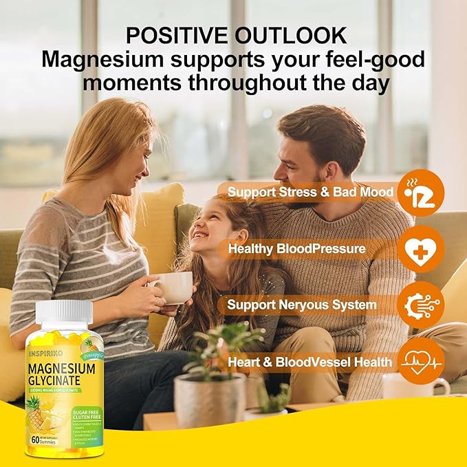 Magnesium Glycinate Gummies 1000mg - Sugar-Free Magnesium Potassium Supplement with Vitamin D, B6, CoQ10 for Adults & Kids,High Absorption for Calm Mood & Sleep Support - 60 Pineapple Gummies