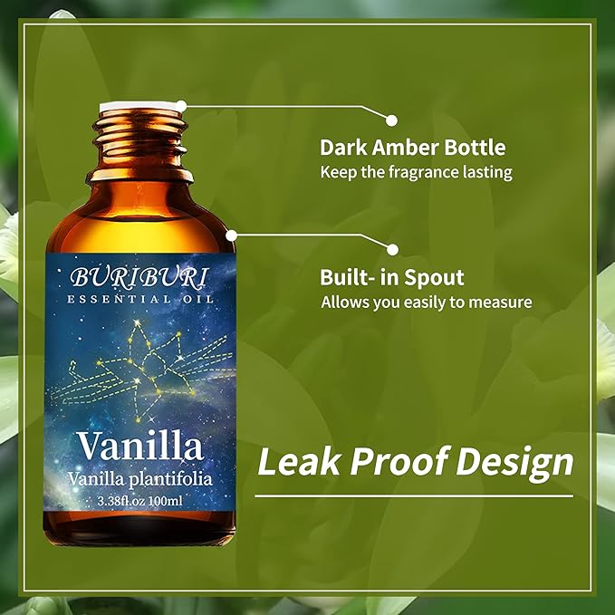 BURIBURI 100ML Vanilla Essential Oil, 100% Pure Undiluted Aromatherapy Vanilla Oil 3.38fl.oz for Soap, Candle Making, Massage, Diffuser, Humidifier