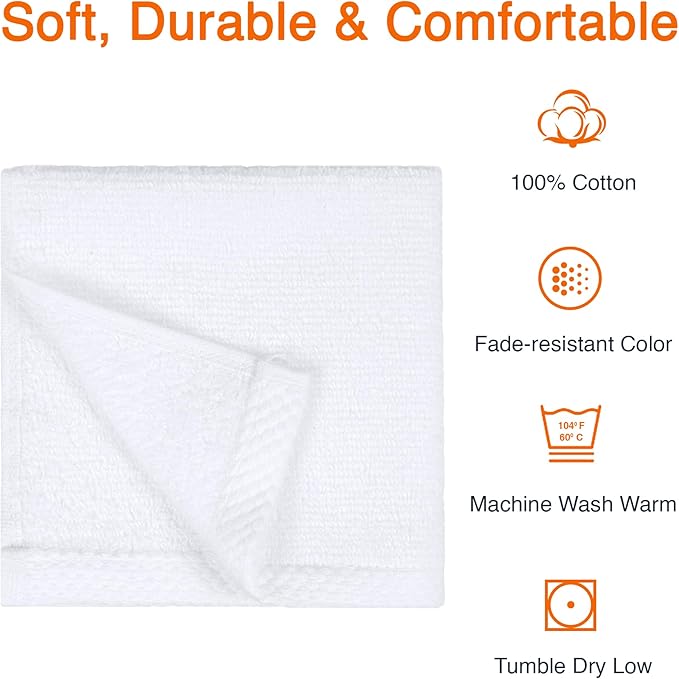 Amazon Basics Cotton Washcloths, Quick-Dry, 12" x 12", 12-Pack, White