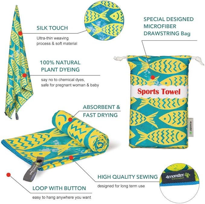 4Monster Microfiber Beach Towel Quick Dry,Super Absorbent Lightweight Travel Towel for Swimmers, Sand Free Camping Towel, Beach Towels for Pool,Swim,Water Sports,Yoga