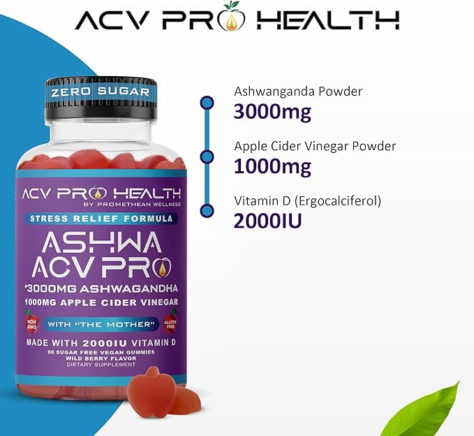 Ashwa ACV Pro Health - Sugar Free Apple Cider Vinegar Gummies with Ashwagandha, Advanced Keto, Stress Relief Supplements with Vitamin D, 1g Carbs Per Gummy Golo