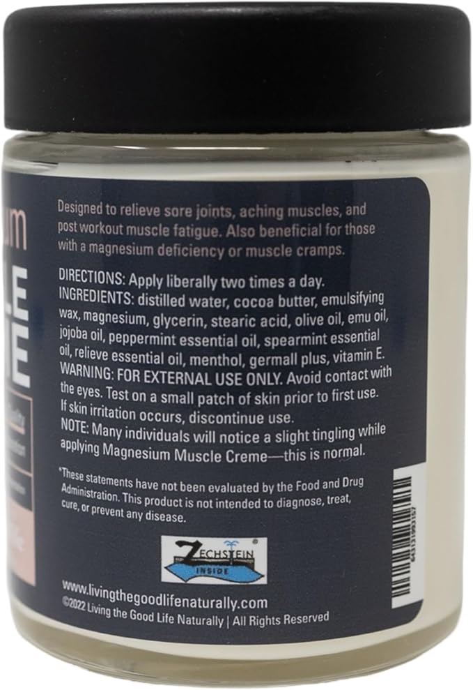 Magnesium Muscle Creme by Living the Good Life Naturally - Transdermal Magnesium Lotion for Pain with Blue Emu, Peppermint, Menthol, and Magnesium Chloride for Muscle Recovery AM or PM - 4oz
