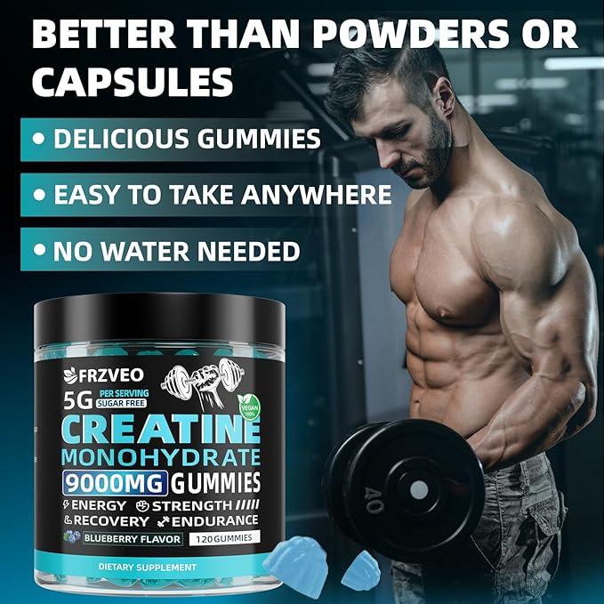 Creatine Monohydrate Gummies 9000mg for Men & Women, Potent Chewables Creatine 5g Per Serving, Creatine Supplement for Strength, Energy & Focus, Sugar Free, Vegan Non-GMO, Blueberry -120 Count