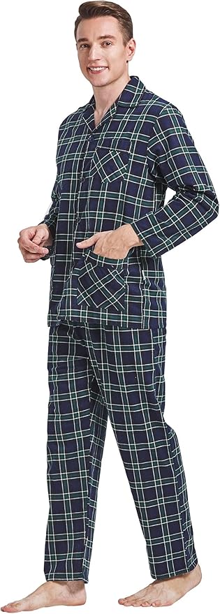 GLOBAL Men's Pajamas Sets 100% Cotton Flannel Sleepwear Long-Sleeve top & Bottom