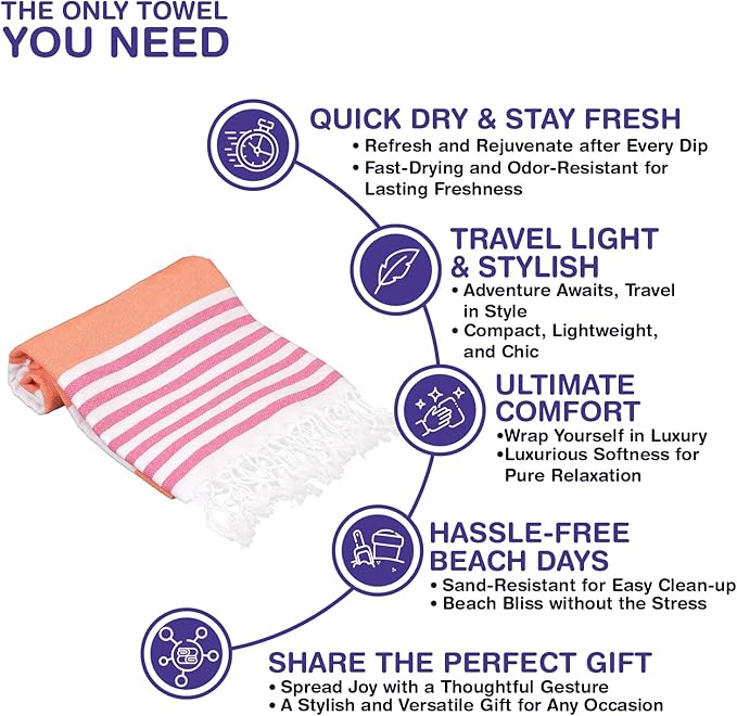 Oversized Turkish Beach Towel 38’’x71’’ - Set of 4 | 100% Turkish Cotton Lightweight Sand Free Quick Dry Pool Towels | Extra Large Bath Towels for Adults Beach Blanket Essentials