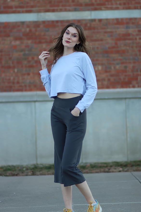 Promover Capri Pants for Women Wide Leg Yoga Cropped Pants with Pockets Loose Casual Summer Pants