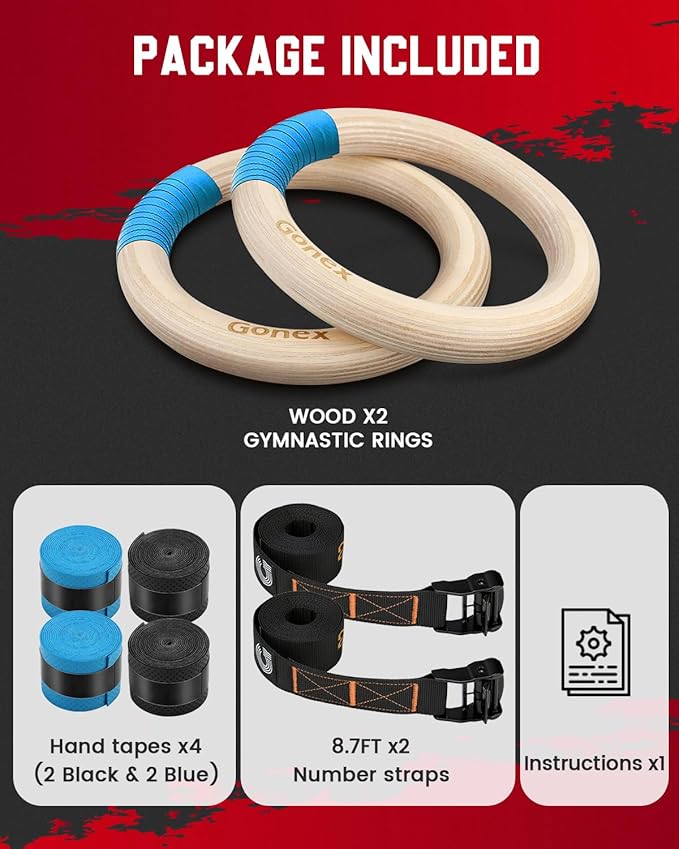 Gonex Wooden Gymnastic Rings with Adjustable Number Straps, Olympic Rings for Gym, Workout, Exercise, Outdoor Training, Quick Install Carabiner, 8.5 ft Straps Pull Up Non-Slip Rings