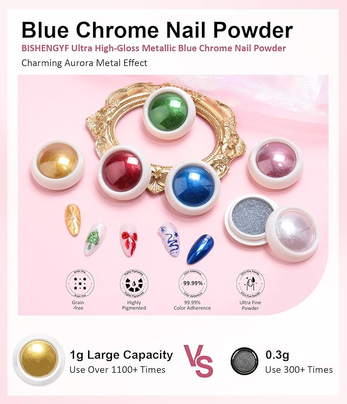 Gold Chrome Nail Powder - 6 Colors Christmas Red Green Blue Silver Nail Chrome Powder, Sparkly Holographic Chrome POwder for Nails Mirror Effect Glitter Pigment Dust - Christmas Nail Design