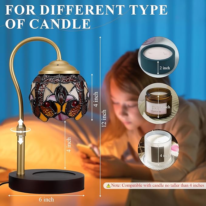 Tiffany Style Candle Warmer Lamp with Timer, Dimmable Stained Glass Candle Lamp Warmer, Birthday Gifts for Mom Women Friend Sister Baroque Wax Melt Warmer with 2 Bulbs for Home Deco