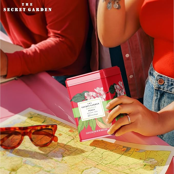 Life Plus Style Gourmet The Secret Garden Organic Peach Green Tea 50 Tea Bags Juicy & Fruity Refreshing Hot or Iced Tea Antioxidant-Rich Non GMO, Gluten Free Eco-Friendly USDA Certified