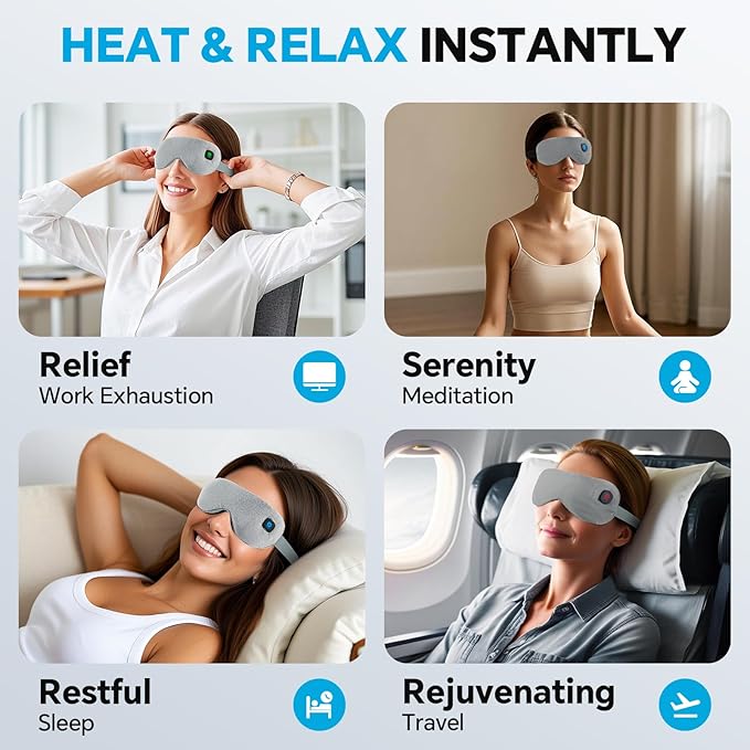 Heated Eye Mask for Dry Eyes Relief, Cordless Eye Mask with 3 Heat Settings, Washable Eye Cover, Warm Heating Pad for Stye Eye Treatment & Travel Use
