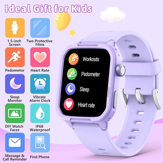 Kids Smart Watch for Boy Girl, Kids Watches with 19 Sport Modes, Heart Rate, Sleep Monitor, Pedometer, Alarm Clock, IP68 Waterproof Fitness Tracker, Gift for 6-16 Year Old Boys Girls Toys (Purple)