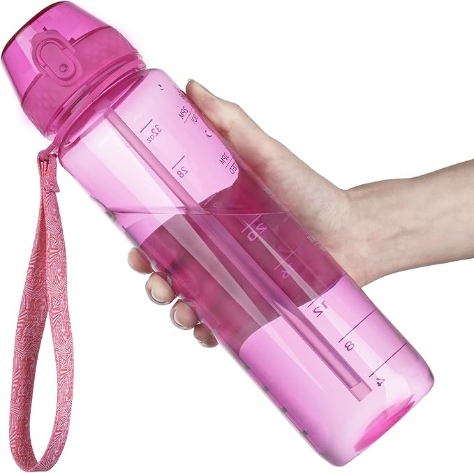 GOPPUS Clear Water Bottle With Straw 32oz Clear Sports Water Bottles Motivational with Time Marker Tritan BPA Free Clea Plastic Water Bottle Wide Mouth for Gym Travel Home School Office