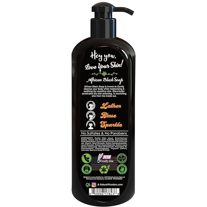 Natural Wunderz Body Wash with African Black Soap and Shea Butter, 32 Fl Oz Shower Gel, Promotes Acne Treatment, Contains All Natural Extracts, Vegan, and Sulfate-Free Body Scrub