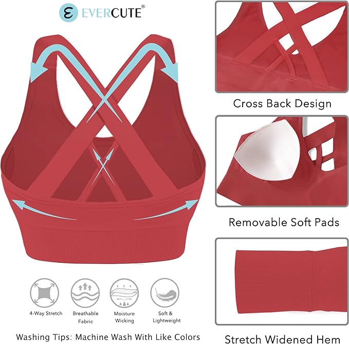 Evercute Sports Bra for Women Padded Medium Support Criss Cross Strappy Bras Seamless High Impact Yoga Exercise Athletic Bras