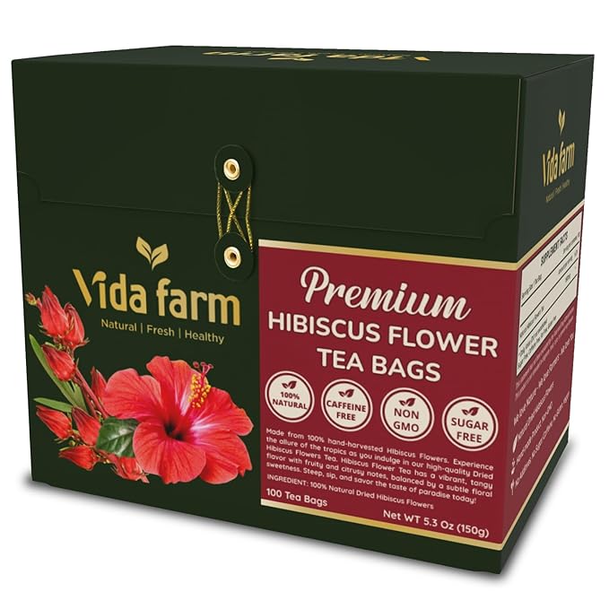 VIDA FARM 100 Hibiscus Tea Bags, 100% Natural Dried Hibiscus Flowers Tea Bags, No Sugar, No Caffeine, No Gluten